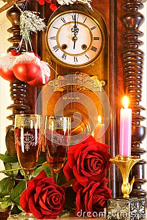 Christmas, New year, holiday, fun. The clock is a symbol of time, reminiscent of the past and the future. Celebrating the holiday Stock Photo