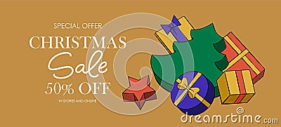 Christmas and New Year holiday poster, card, background. Gifts, gift boxes. Shop sale, voucher template. Vector Illustration