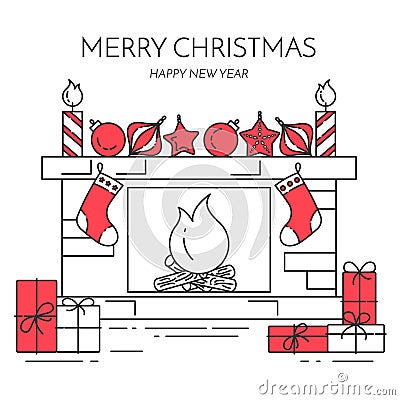 Christmas New Year horizontal banner with fireplace, gifts Line art Vector Illustration