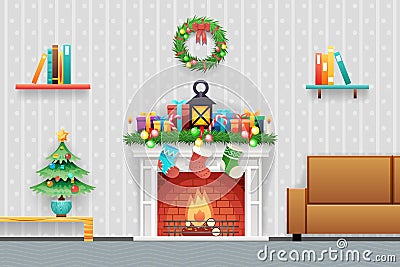Christmas New Year House Interior Living Room Furniture Icons Set Flat Design Vector Illustration Vector Illustration