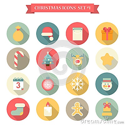 Christmas New Year icon set flat style objects Santa hat elk etc Vector Illustration