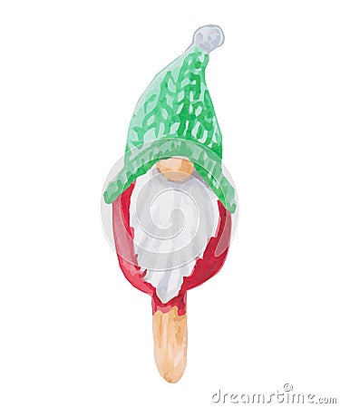 Christmas and New Year illustration. Gnome festive ice cream or cake. Sweets on a stick. Watercolor and markers. Isolated handmade Vector Illustration