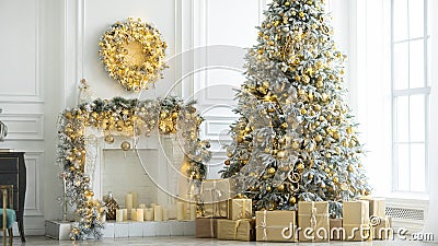 Christmas and New Year interior in light classic style. White room with Xmas Tree decorated, flashing garland, balls, fireplace Editorial Stock Photo
