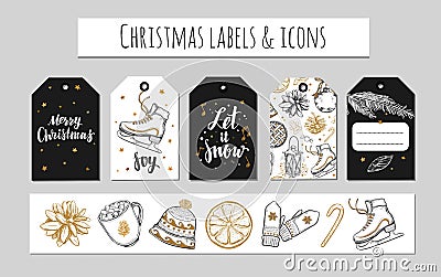 Christmas and New Year labels, gift tags and icons. Holidays decoration. Vector hand drawn illustrations and Modern Brushpen Vector Illustration