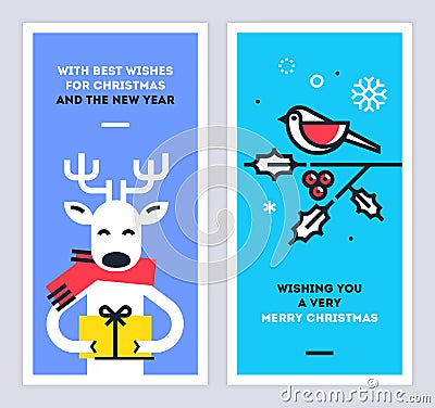 Christmas and New Year cards set with cute reindeer character giving a gift and bird sitting on a omela branch. Vector. Cartoon Illustration