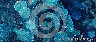 Christmas and New Year Magical Blue Bokeh Lights and Snow Background Abstract Defocused Texture Pattern with Evergreen Pine Tree Stock Photo