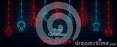 Christmas and New Year. Neon. Vector Illustration