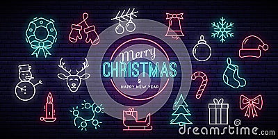 Christmas and New Year Neon Signs. Vector Illustration