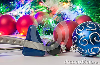 Christmas and New Year in neurology, medicine or neuroscience photo - two neurological hammer are located near balls for Christmas Stock Photo