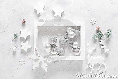 Christmas, New Year or Noel holiday festive decorations, ornaments - balls, snowflakes, stars, deer, bells and balls Stock Photo