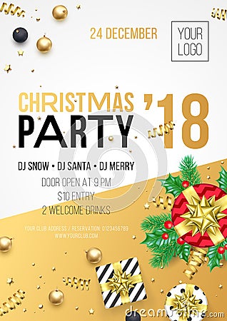 Christmas, New Year 2018 party invitation poster design for winter holiday celebration. Vector 24 December night party banner of g Vector Illustration
