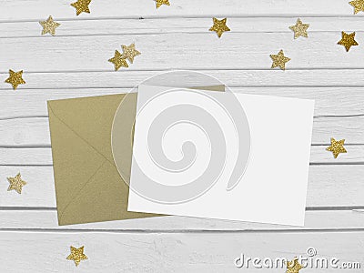 Christmas, New Year party mockup scene with golden star shape glittering confetti, blank paper and envelope. White Stock Photo