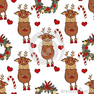 Christmas New Year pattern. Cute deers, candy canes and Christmas wreaths. Vector Illustration