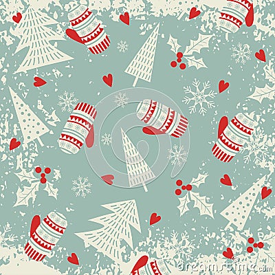 Christmas and New Year pattern with mittens and Christmas trees. Winter holiday. Vector Illustration