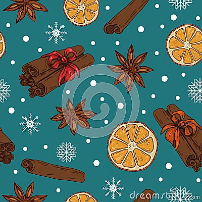 Christmas / New Year pattern with spices and oranges Vector Illustration