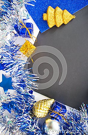 Christmas or New Year photo background. Blackboard closeup with sparkling frame. Stock Photo