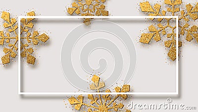 Christmas and New Year poster with frame and golden shiny snowfl Vector Illustration