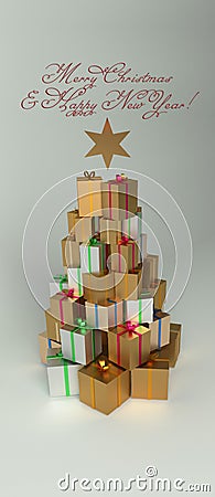 Christmas and New Year presents in the pile with the shape of the Christmas tree. With red greeting text and a star. Stock Photo