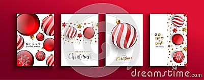 Christmas New Year red 3d bauble ball card set Vector Illustration