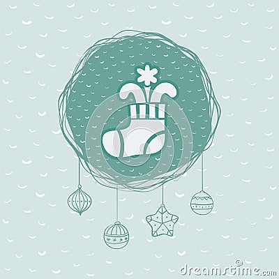 Christmas and New Year round frame with stocking symbol. Greeting card. Vector Illustration