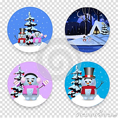 Christmas, new year round signs set with cute cartoon characters isolated Vector Illustration