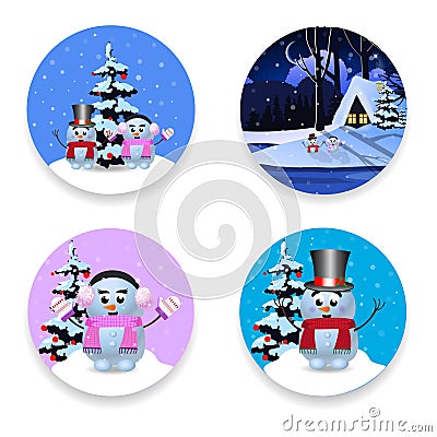 Christmas, new year round signs set with cute cartoon characters on white Vector Illustration