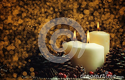 Christmas Or New Year`s Composition With Burning Candles And Spr Stock Photo