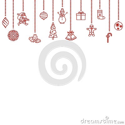 Christmas and New Year`s symbols hanging from above. Vector Illustration