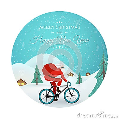 Christmas New Year Santa Claus bicycle delivery Vector Illustration