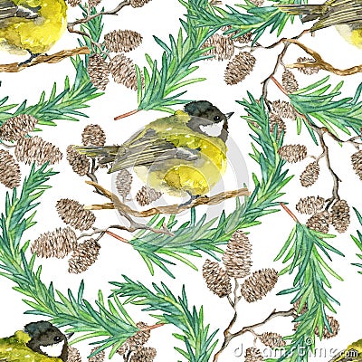 Christmas and New Year seamless nature pattern with tit winter bird, cone and conifer on white background Cartoon Illustration