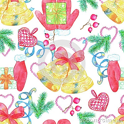 Christmas and New Year seamless pattern with bell, mittens, gifts and traditional objects on white background Cartoon Illustration