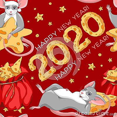 Christmas or New year seamless pattern with cute Rat. Chinese year of Rat 2020. Two rats wish fulfillment of wishes and a wonderfu Cartoon Illustration