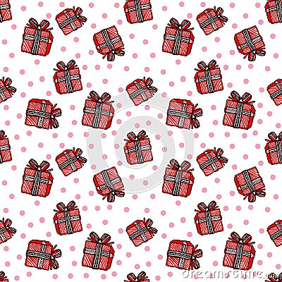 Christmas and New Year seamless pattern with red gift box and pink circles on white background. Stock Photo