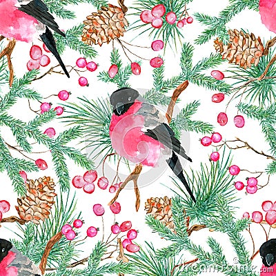Christmas and New Year seamless pattern with snowbird sitting on pine branch with cones and berry on white background Cartoon Illustration