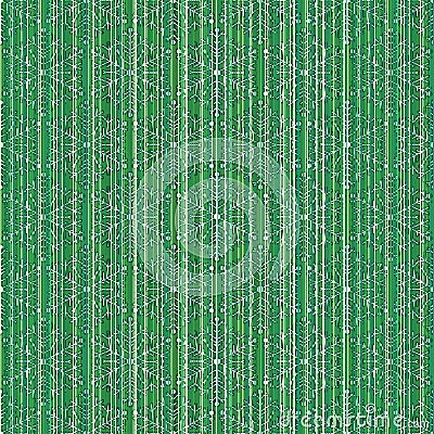 Christmas or New Year seamless pattern with snowflakes and green stripes. Winter background with bar code. Vector Illustration