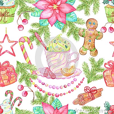 Christmas and New Year seamless pattern with sweet traditional food, cupcake, poinsettia, baubles on white background Cartoon Illustration