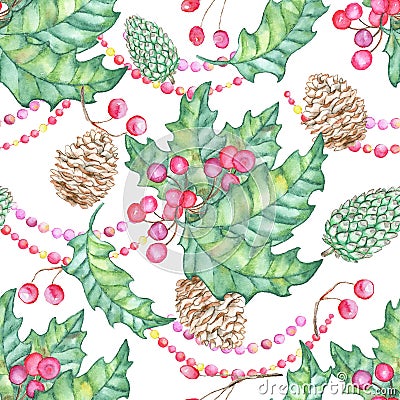 Christmas and New Year seamless pattern with twig berry and leaves, conifer, cone and decor on white background Cartoon Illustration