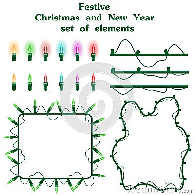 Christmas and New Year set of elements garlands of colored lights for holidays design. Burning multicolored lightbulb and wires is Vector Illustration