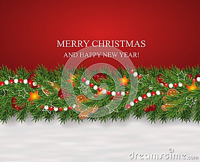 Christmas and New Year snowy background decorated garland and border of realistic looking Christmas tree branches decorated with Vector Illustration