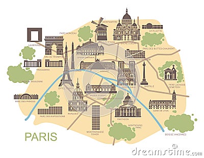 Stylized map of Paris with the main tourist attractions Vector Illustration