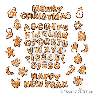 Christmas and New Year text, gingerbread alphabet and cute traditional holiday cookies. Sugar coated letters and numbers Vector Illustration