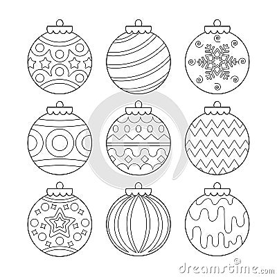 Christmas and New Year tree decorations, ornaments, set of balls coloring page black and white isolated on white background Vector Illustration