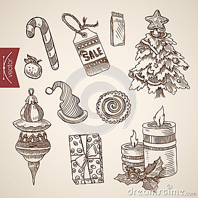 Christmas New Year tree handdrawn vintage retro vector objects Vector Illustration