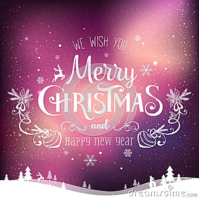 Christmas and New Year typographical on background with winter landscape with Northern Lights, snowflakes, light, stars. Xmas card Stock Photo