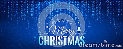 Christmas and New Year typographical on blue background with sparking, light, stars. Glowing glitter light effects. Stock Photo