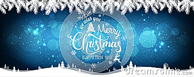 Christmas and New Year typographical on holidays background with snowflakes, light, stars. Stock Photo