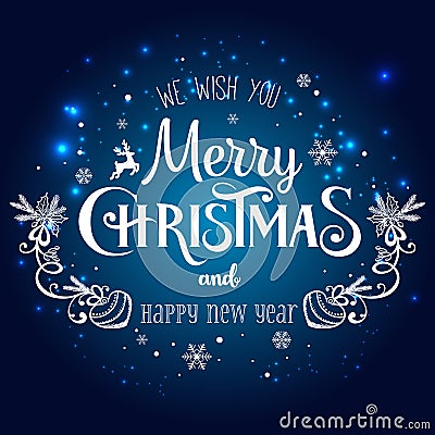 Christmas and New Year typographical on holidays background with snowflakes, light, stars. Vector Illustration Stock Photo