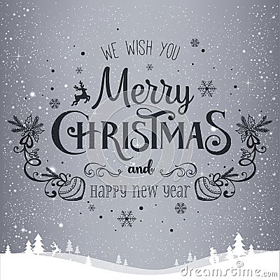 Christmas and New Year typographical on holidays background with snowflakes, light, stars. Vector Illustration. Xmas Stock Photo