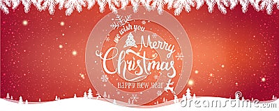 Christmas and New Year Typographical on red Xmas background with winter landscape Stock Photo