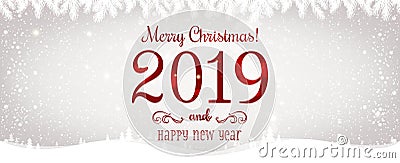 Christmas and New Year Typographical on shiny Xmas background with winter landscape with snowflakes, light, stars. Stock Photo